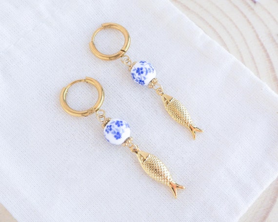 Sardine Earrings Ceramic Azulejo Tiles, 18K Gold Stainless Steel, Fish Charm, Blue Porcelain Beads, Handmade Coastal Jewelry from Portugal