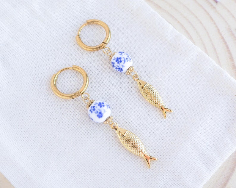 Gold Sardine Earrings with Ceramic Tile from Portugal on display - Coastal Jewelry from Portugal, seabylou, Sea by Lou, Fish earrings