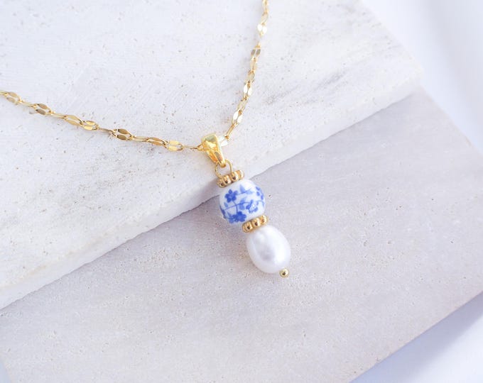 Gold Portuguese Azulejo Pearl Necklace, Blue Floral Ceramic Tile Beads and Freshwater Pearl Pendant, Handmade Coastal Jewelry from Portugal