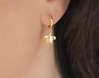 Tiny Turtle Earrings, 14k Gold Vermeil or 925 Silver Hoops, Baby Sea Turtle, Mix and Match Beach Jewelry