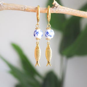 Gold Sardine Earrings with Ceramic Tile from Portugal - Coastal Jewelry from Portugal, seabylou, Sea by Lou, Fish earrings