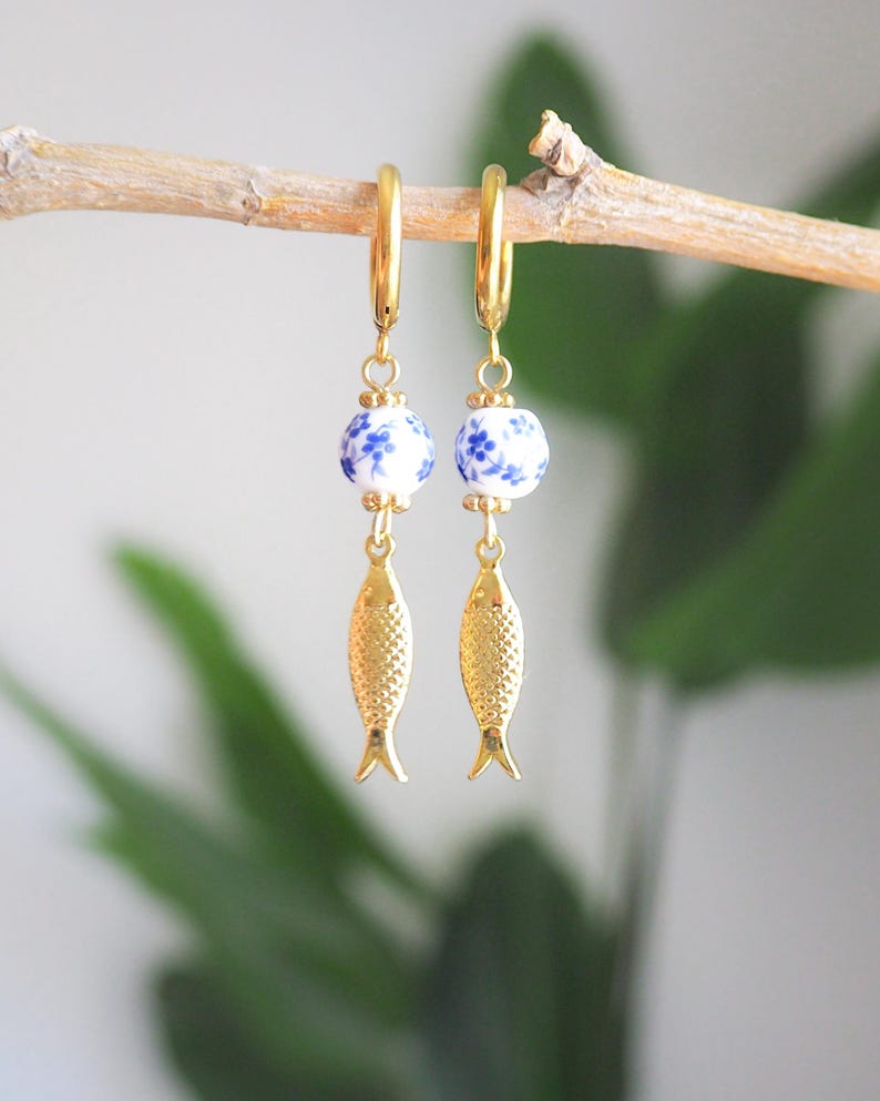 Gold Sardine Earrings with Ceramic Tile from Portugal - Coastal Jewelry from Portugal, seabylou, Sea by Lou, Fish earrings