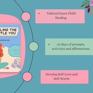 May include: A pink and green journal titled "Healing the Little You: A Journey to Inner Child Healing" by Vishakha Jain. The journal features a mother and child illustration and the text "beginner level". The journal is a 30-day program with prompts, activities, and affirmations for self-love and self-worth.