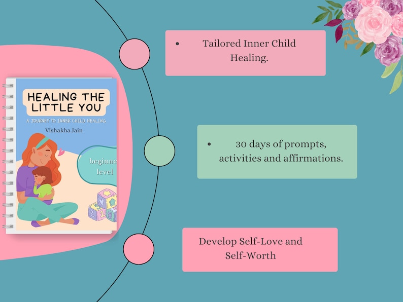 May include: A pink and green journal titled "Healing the Little You: A Journey to Inner Child Healing" by Vishakha Jain. The journal features a mother and child illustration and the text "beginner level". The journal is a 30-day program with prompts, activities, and affirmations for self-love and self-worth.