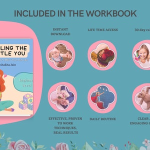 May include: A pink and blue workbook titled "Healing the Little You: A Journey to Inner Child Healing" by Vishakha Jain. The workbook includes instant download, lifetime access, a 30-day calendar, effective proven techniques, daily routine, and clear and engaging content.