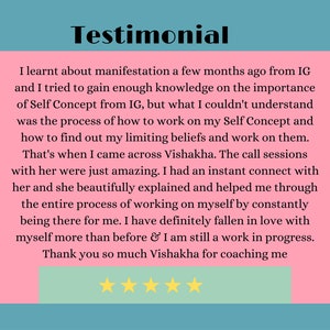 May include: Testimonial about a life coach named Vishakha. The text describes how the coach helped the client understand self-concept and work on limiting beliefs. The testimonial includes a five-star rating.