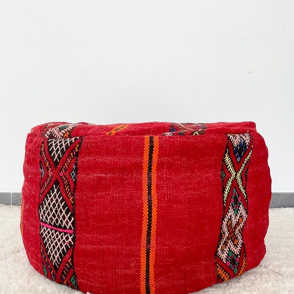 Pouf berbère rond en laine couleur rouge