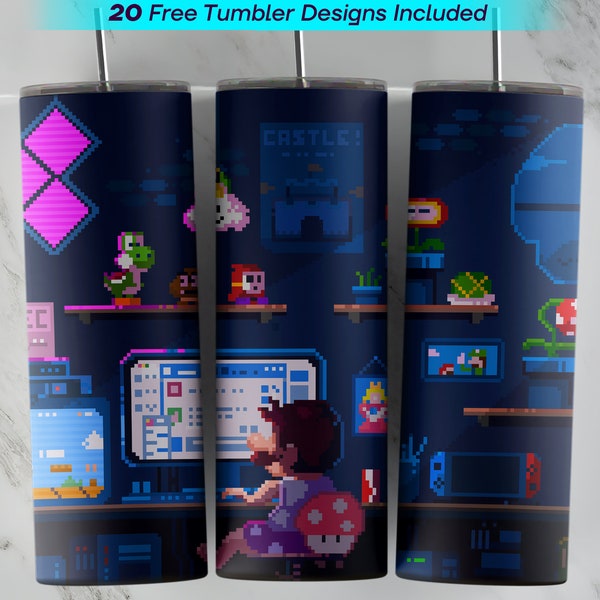 20 oz 8 Bit Mario Tumbler Wrap, 8 Bit Mario  Sublimation Design, 20 oz Skinny Tumbler, PNG Instant Download, 8 Bit Mario  Tumbler PNG