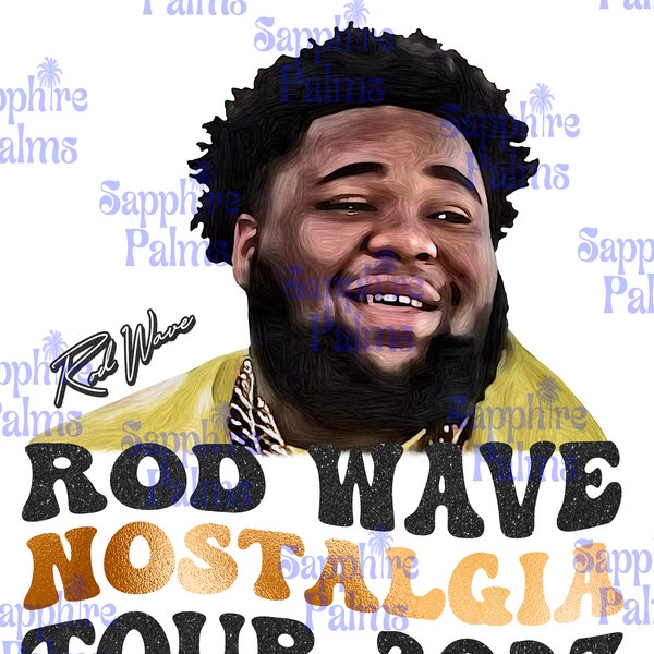 Rod Wave Nostalgia Tour 2023 Painting Design with Wavy Words in Faux Black Glitter & Gold Foil with Signature on Transparent Background