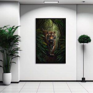 May include: A tiger walks towards the viewer through a lush green jungle. The tiger has orange and black stripes and is looking directly at the camera. The jungle is dense and overgrown with green leaves and vines.