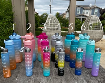3-in-1 Half /0.3/ 0.1 Gallon Motivational Water Bottle with Straw Sticker Time Marker for Sport and Fitness I Ombre Water Bottles