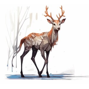 May include: A stylized illustration of a deer with large antlers, standing in a snowy forest. The deer is brown and white with a textured, geometric pattern. The background is a light blue and white watercolor wash.