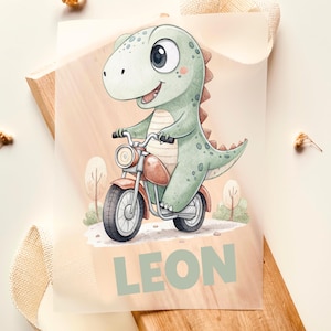 Personalized Dinosaur Motorcycle Iron-On Patch with Name, Cute Green, Iron-On Motif, DIY Children's Clothing