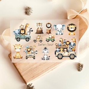 Bügelbilder 11 Safari Tiere, Löwe, Tiger, Elefant, Auto, zum Aufbügeln, Kinderkleidung