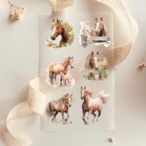 Op de afbeelding: Zes bruine paardenstickers met bloemmotieven. De stickers tonen paarden met bloemen, een paard met een veulen en een paard dat rent. De stickers zijn perfect om een vleugje whimsy toe te voegen aan je planner, dagboek of scrapbook.