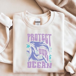 Bügelbild Protect Our Ocean Spruch Wal Meer Lila Retro, zum Aufbügeln, Bügelmotiv, DIY Kleidung
