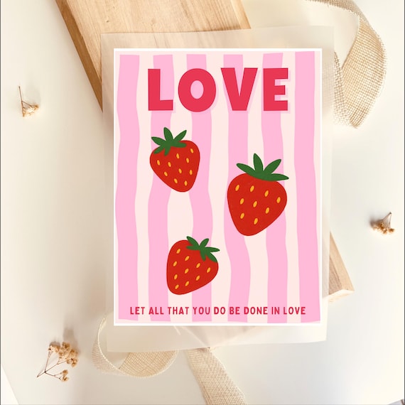 Bügelbild Love Erdbeeren Streifen Spruch Retro Pink, zum Aufbügeln, Bügelmotiv, DIY Kleidung