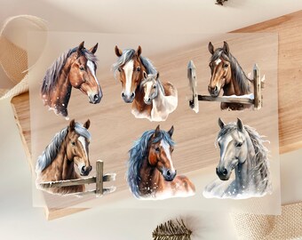 Iron-on horse designs, 6 motifs: horse head, winter, watercolor, brown; iron-on motif, for DIY children's clothing