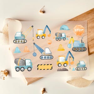 Strykmärken byggarbetsplats 14 motiv grävmaskin kran akvarell blå, strykmotiv, för DIY barnkläder