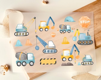 Iron-on patches construction site 14 motifs excavator crane watercolor blue, iron-on motif, for DIY children's clothing