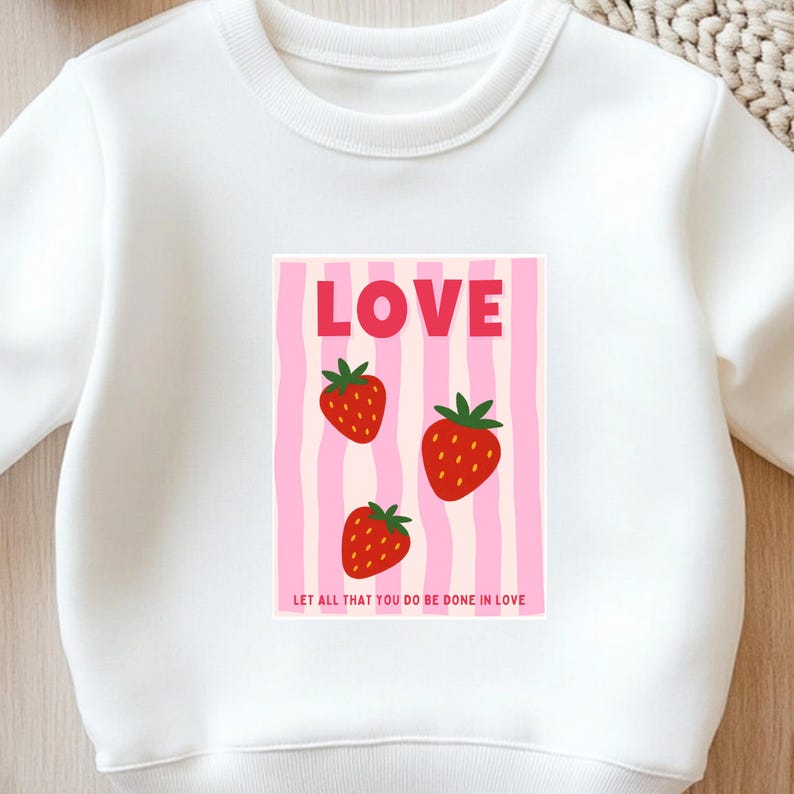 Bügelbild Erdbeere Love im Retro Poster Look, rote Erdbeeren auf rosa gestreiftem Hintergrund auf hellem Pullover