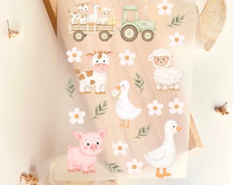 Iron-on patches for children, farm animals, 23 designs: cow, tractor, watercolor, beige; iron-on motif, for DIY children's clothing