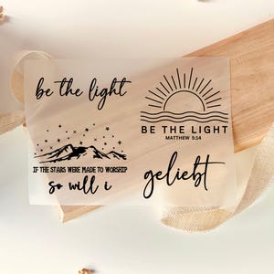 Bügelbilder Sprüche 4 Motive Be the Light Geliebt Christlich Schwarz, zum Aufbügeln, Bügelmotiv, DIY Kleidung