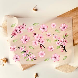 Könnte beinhalten: Ein Blatt Papier mit Aquarellillustrationen von rosa Kirschblüten und grünen Blättern. Die Blüten sind in verschiedenen Größen und Anordnungen, einige auf Zweigen.