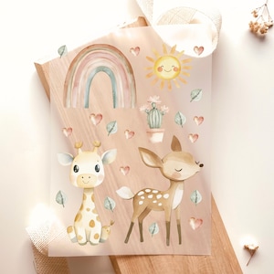 May include: A transparent sheet featuring watercolor illustrations of a giraffe, a deer, a rainbow, a smiling sun, a cactus, leaves, and hearts. The giraffe and deer are light brown with white and tan accents. The rainbow has pastel colors.