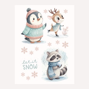 Bügelbilder Winter 15 Motive Pinguin Rentier Waschbär Let it Snow Niedlich, zum Aufbügeln, Bügelmotiv, DIY Kinderkleidung