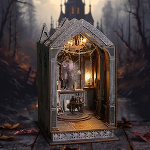 Kit de bricolaje en miniatura para San Valentín Book-Nook: oración nocturna tranquila con funda antipolvo y luces LED