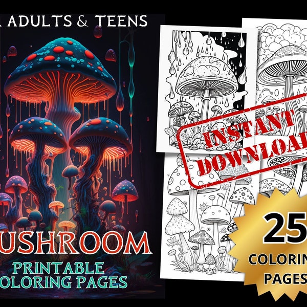 25 Enchanted Mushroom Coloring Pages - Adults Teens Coloring Book, Instant Download, Tiny Illustration Fantasy, Printable PDF File