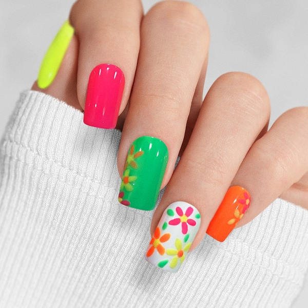 Neon flowers Press-On Nails-- Custom fake nails for Spring and Summer