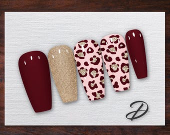 Wine & Gold Leopard Print Press On Nails: Wild Glamour