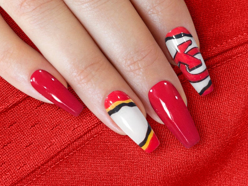 Football Nails Kansas City Chiefs Nails Press on Nails Cool Nail Art Handpainted Fake Nails Etsy