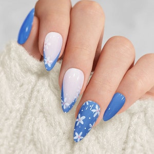 Blue French Press-On Nails - Custom Flower Design  - For Spring and Summer