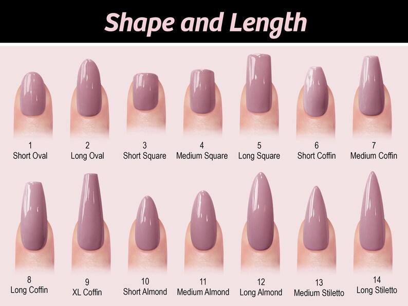 a collection of nail polish colors and their corresponding shape and length, providing a visual guide for choosing the right nail polish shade based on one's nail shape and desired length.