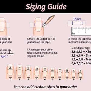 The image provides a detailed guide on how to properly size a person's nails for nail art, including step-by-step instructions and a chart with nail sizes.