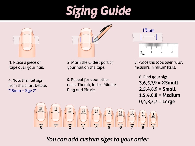 The image provides a detailed guide on how to properly size a person's nails for nail art, including step-by-step instructions and a chart with nail sizes.