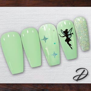 Tinker Bell Press-On Nails: Glitter, Stars, Fairy Silhouette – Magical Character Style