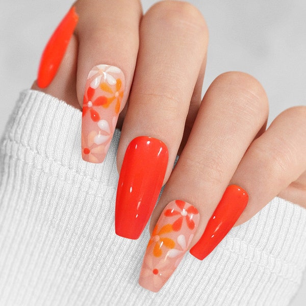 Orange flowers Press-On Nails-Cute Custom Fake Nails