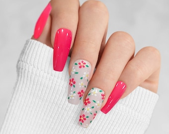 Bright Pink Summer flowers Press-On Nails-- Custom fake nails for Spring and Summer