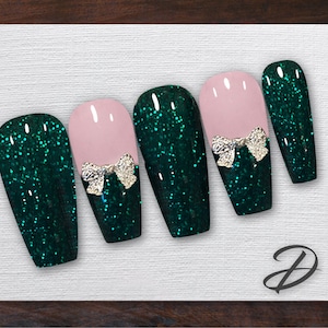 Glittery Green French Bow Charm Press on Nails – Perfect for New Year&#39;s Party