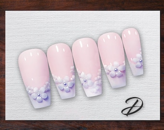 French Floral Romance Press on Nails with 3D Flowers, Soft Pink Feminine Bridal Nails