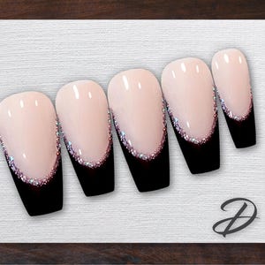 Dazzling Black French Glitter Press on Nails – Sparkle in Style!