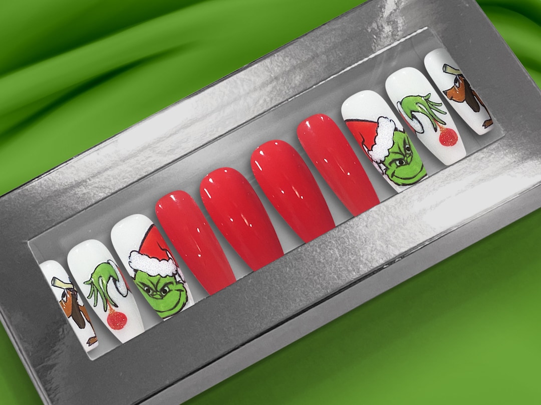 Cute Grinch Christmas Holiday Nails, Adorable Nails Press On, Christmas