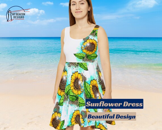 sunflower beach dress Summery Sunflower Dress Mom Gift Inspirational Friendship Present Elegant Print Fashion Women's Outfit Sunflower Women's Garden Tea Dress