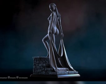 May include: A nude female figure sculpture standing on a stone base. The figure is holding a flowing fabric draped over her body. The sculpture is made of a gray material and has a realistic appearance.