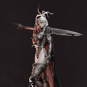 May include: A white female figure with long white hair, wearing a silver and black armor, holding a large silver sword. The figure is standing on a large, gray, hand-shaped base.
