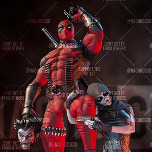 May include: A red and black action figure of Deadpool holding a severed head of Wolverine. Deadpool is standing with his arm raised and a black and grey action figure of a female character is standing behind him. The background is a dark red and black.